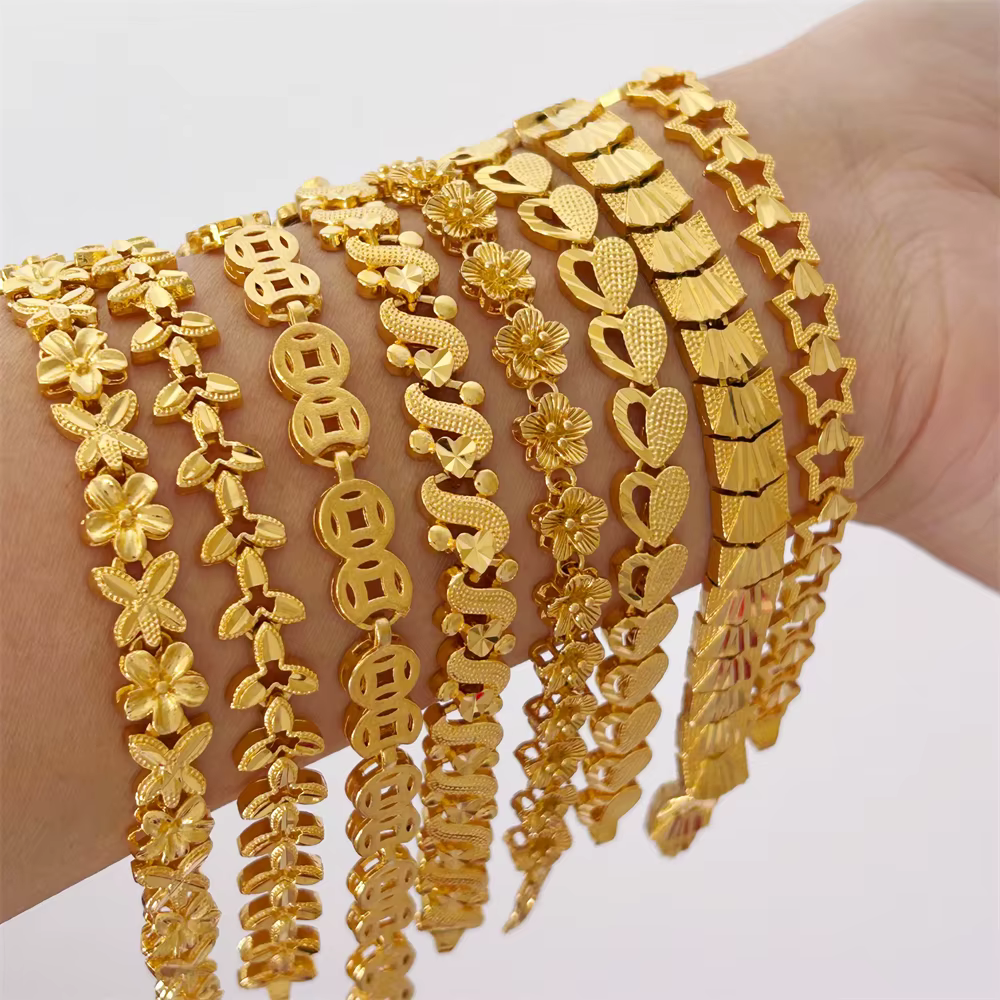 Bracelets de main en or pour femmes, bracelet de poignet de luxe, bijoux en or de Dubaï, cadeaux de bracelet, documents, étoiles, couronne, bouton de manchette, haute qualité