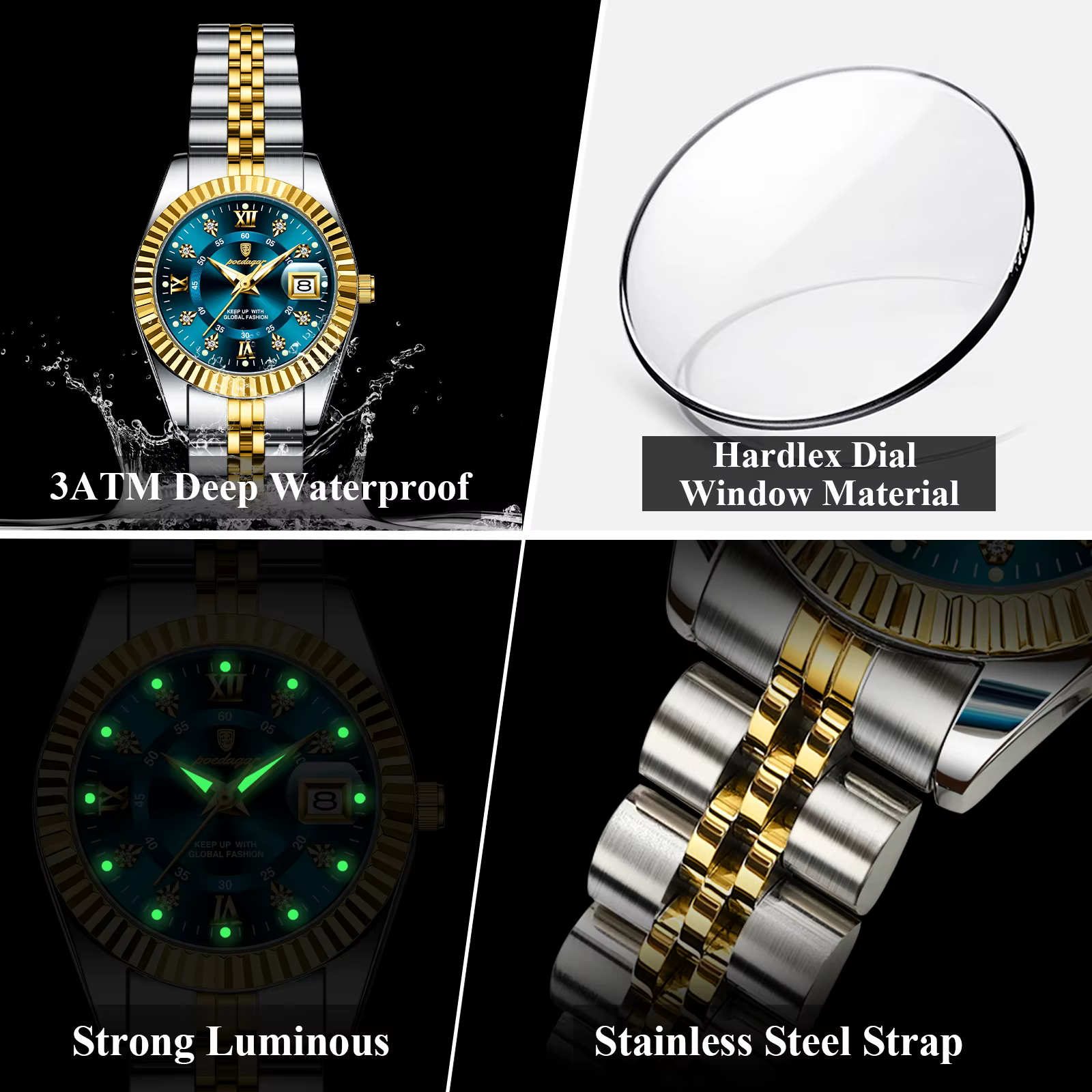POEDAGAR haut de gamme montre pour femmes étanche en acier inoxydable lumineux Date dames