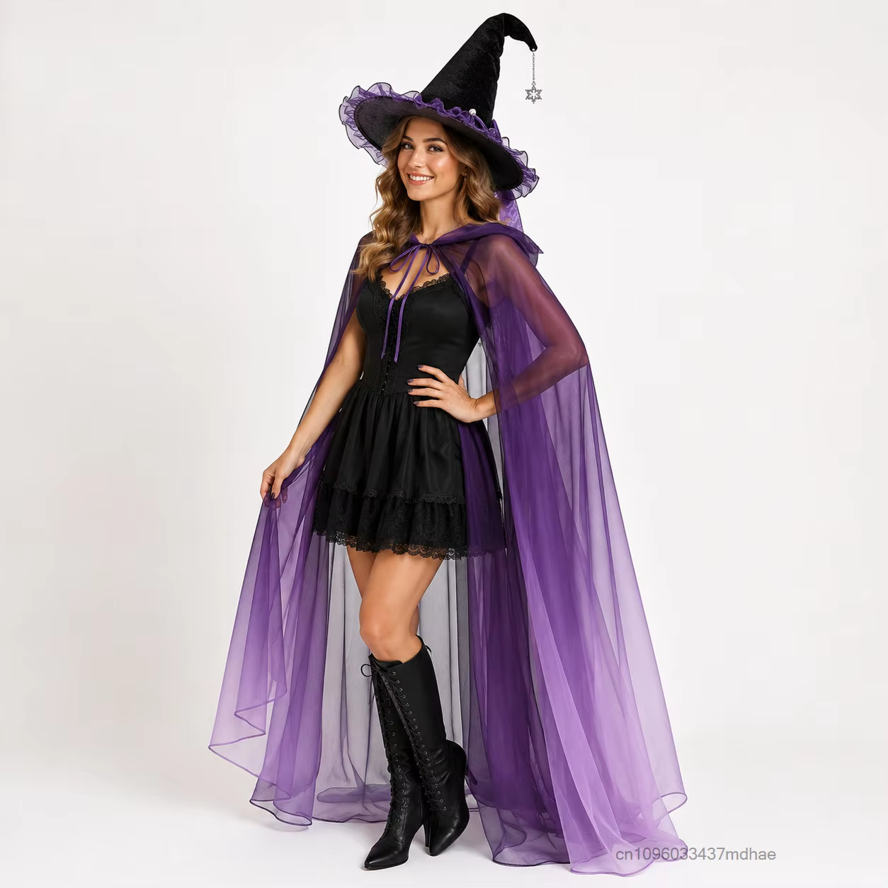 Chapeau de sorcière pour femme pour Halloween avec bordure en dentelle violette, nœud, chaîne étoile, cape noire en maille à capuche pour fête masquée, ensemble d'accessoires