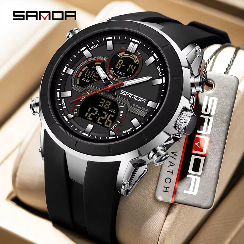 SANDA 6279 montres à Quartz électroniques pour homme double affichage grand cadran calendrier lumineux étanche Sports de plein air montre numérique