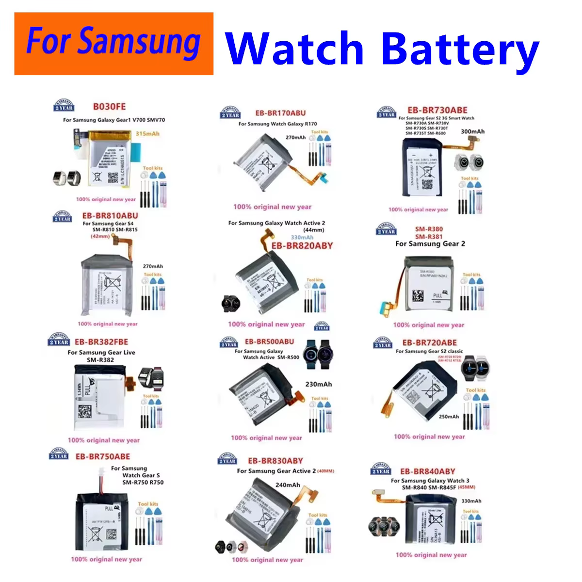 Batterie EB-BR720ABE pour Samsung Galaxy Watch Gear S4 42mm/Gear Live/S2 classic/Gear 1/Active 1 2 3/Watch 3/Gear S/Gear 2
