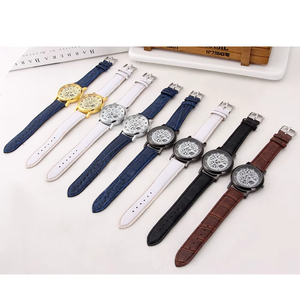 Mode squelette hommes montres Quartz Bracelet en cuir