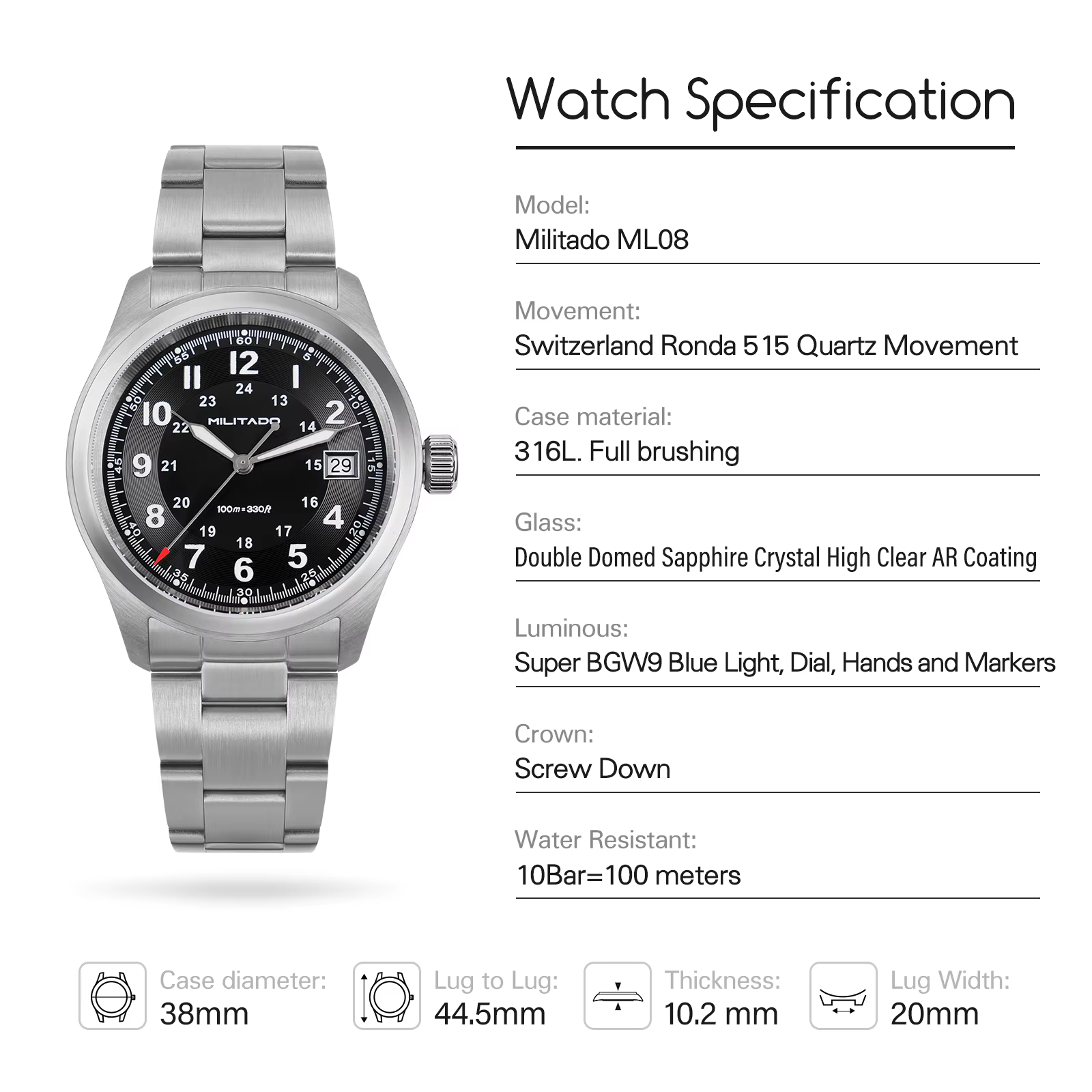 Militado ML08 montre à Quartz Vintage Ronda 515 mouvement Ar saphir miroir 38Mm montre-bracelet Date Super lumineux étanche montres