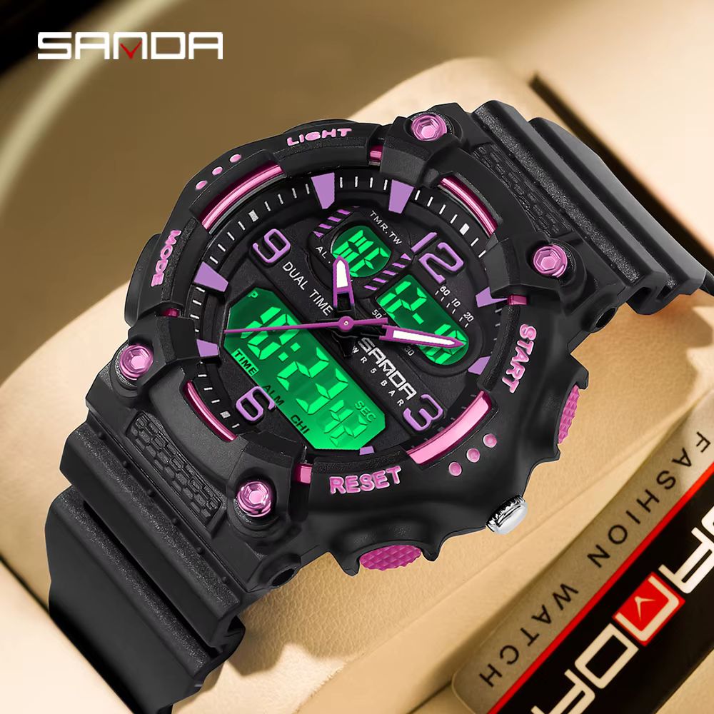 SANDA 6179 nouveau femmes Sport Quartz montre électronique double affichage multi fonctionnel LED veilleuse étanche
