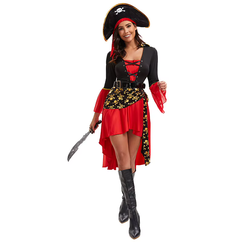 Ensemble de tenue de pirate pour femme, style Caraïbes, avec chapeau et ceinture, pour Halloween, cosplay, mascarade, fête de carnaval, spectacle sur scène