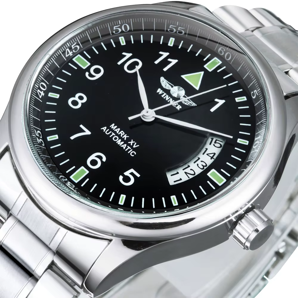 Montre automatique WINNER pour homme, fenêtre de calendrier, cadran noir tendance, bracelet en cuir tendance, montre mécanique de luxe de marque