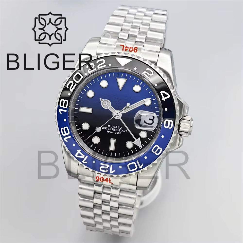 BLIGER 40mm GMT montres pour hommes 100M étanche Logo personnalisé céramique verre saphir acier inoxydable affaires