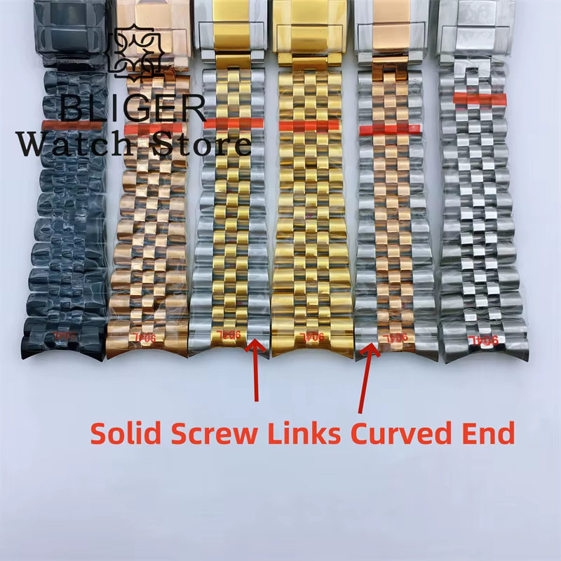 BLIGER 20mm 904L acier jubilé or moyen deux tons montre-Bracelet Bracelet solide vis liens extrémité incurvée