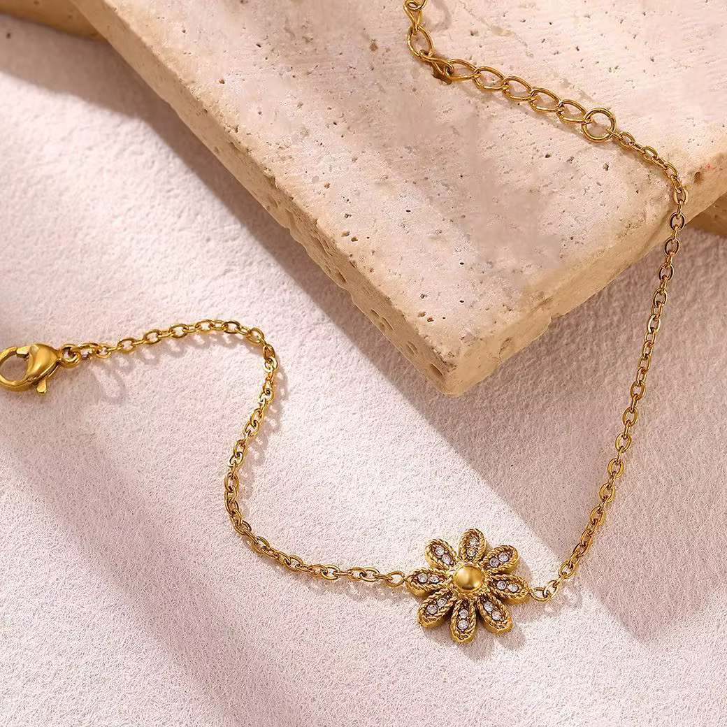 Bracelet élégant en forme de fleur de marguerite en Zircon pour femmes, en acier inoxydable, bijoux de luxe, cadeau de fête de mariage