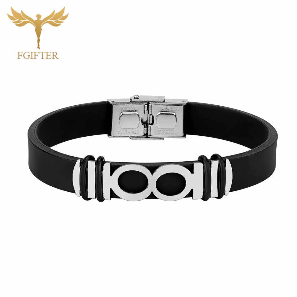 Bracelet infini pour homme et femme, bracelet en silicone noir avec incrustation en acier inoxydable, 8 symboles de l'amour éternel et de la promesse à jamais
