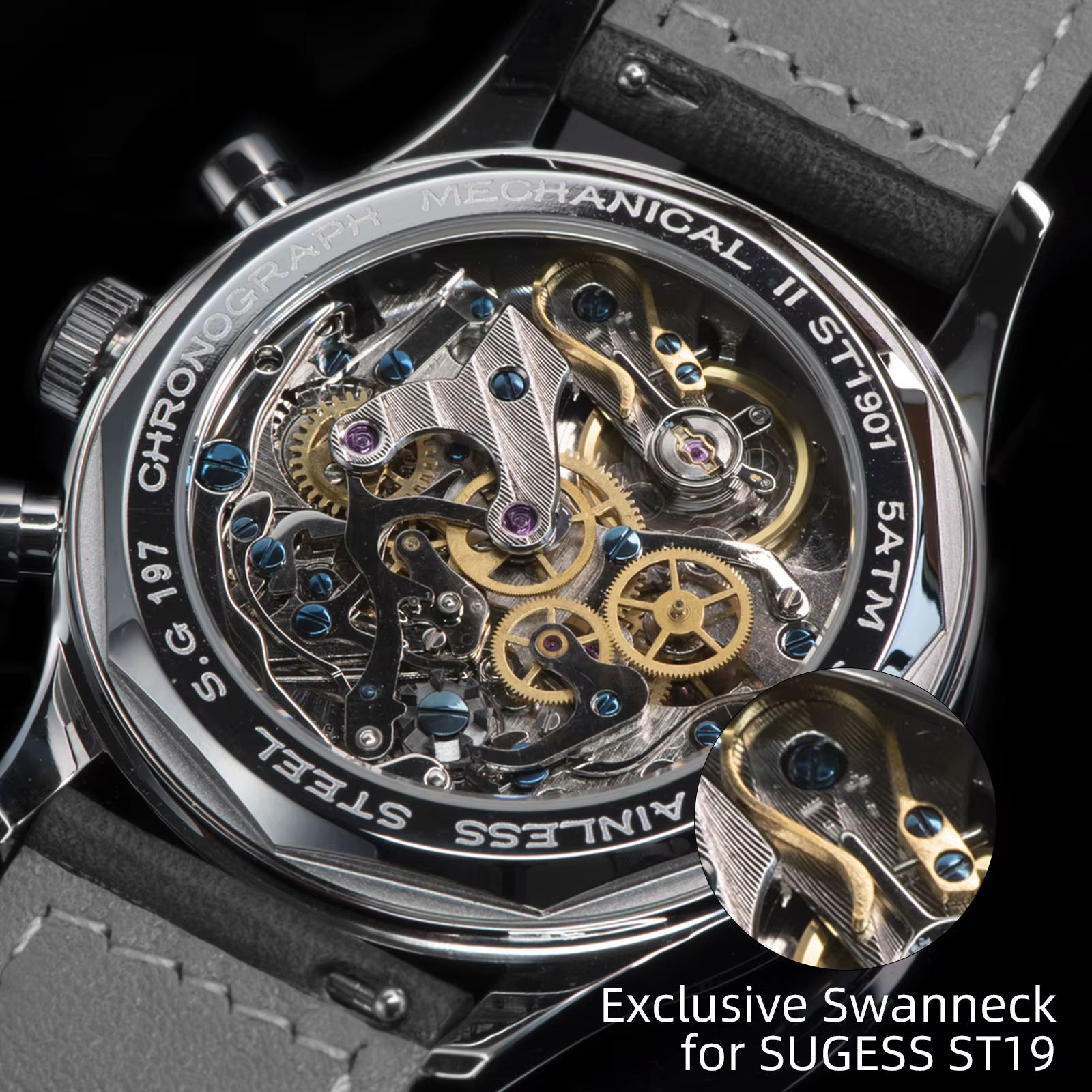 Sugess – montre-bracelet pour hommes, ST1908, mouvement à col de cygne, chronographe mécanique, véritable calendrier de phase de lune, cuir Vintage, nouveau 2023