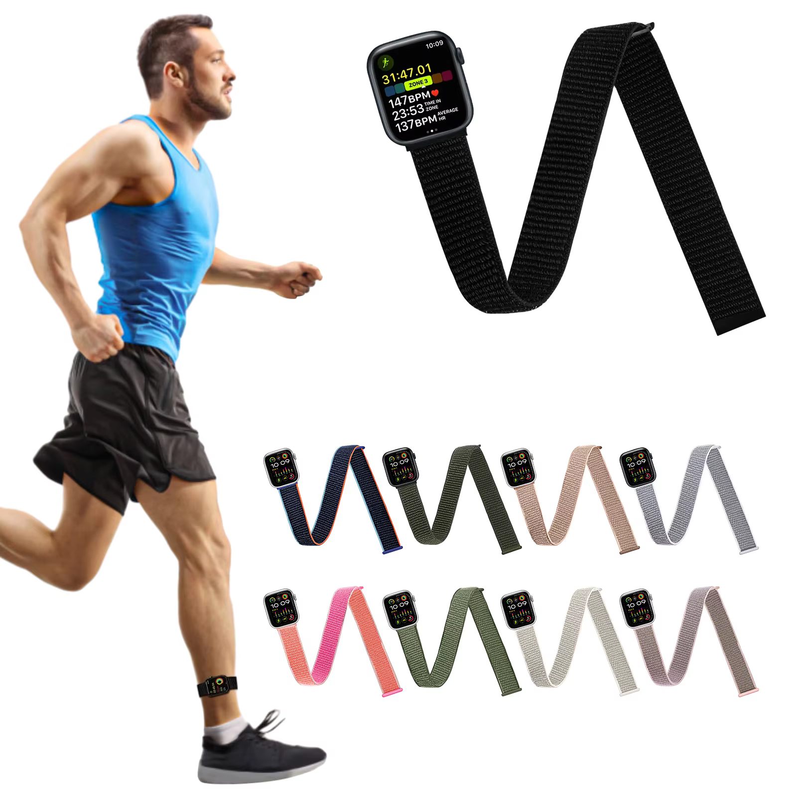 Bracelets de cheville/bras de sport compatibles avec Apple Watch 49 mm 45 mm 44 mm 42 mm 41 mm 40 mm 38 mm