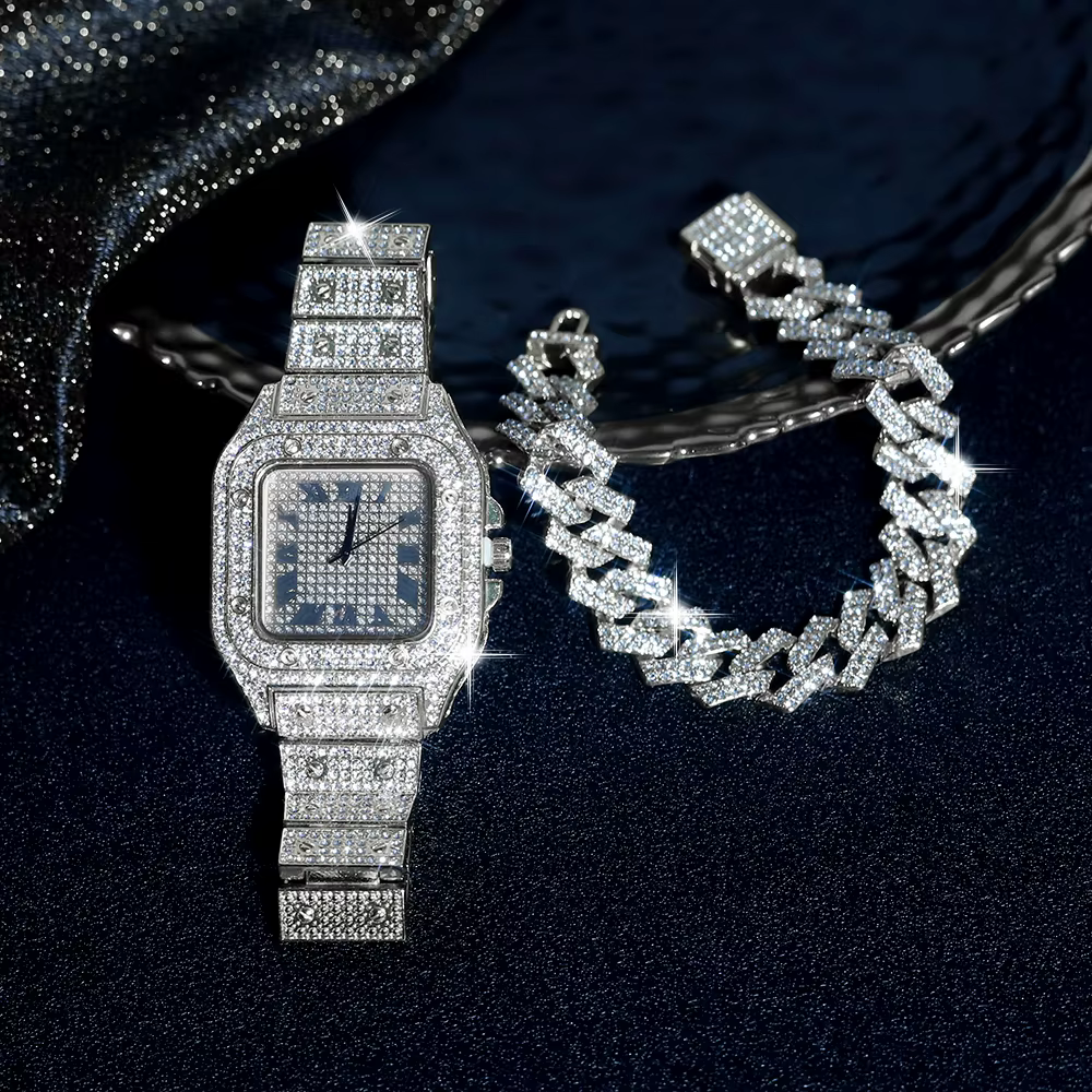 Ensemble bracelet et montre glacé pour hommes et femmes