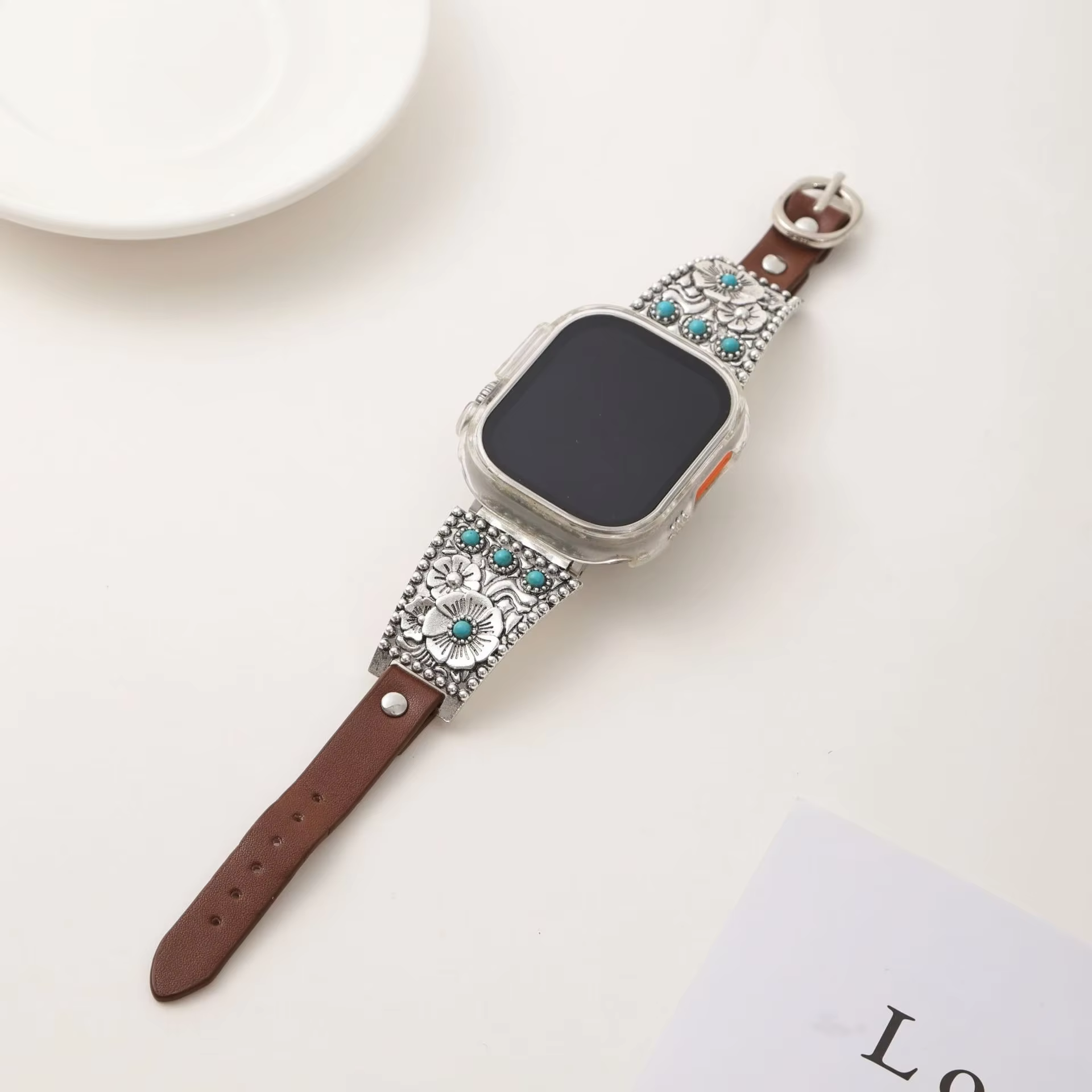 Bracelet en cuir et métal turquoise de qualité supérieure pour Apple Watch