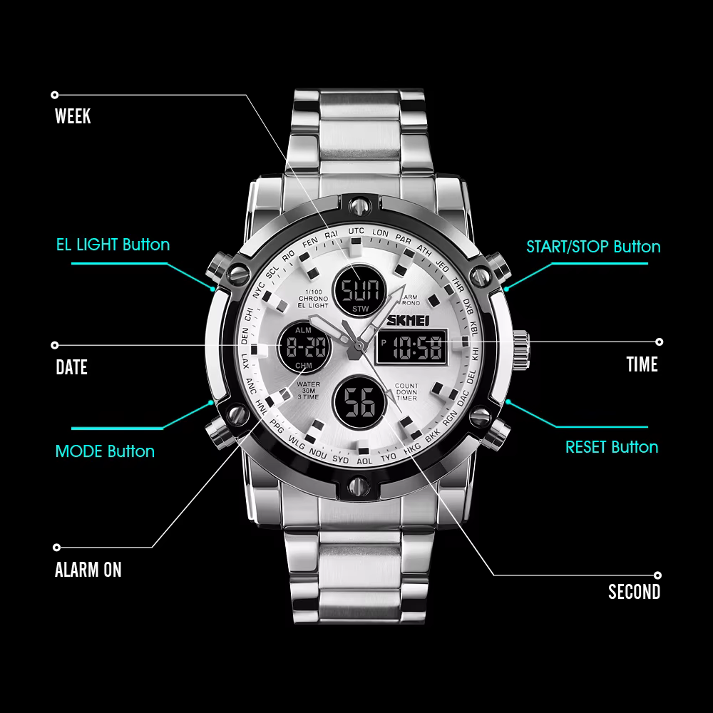 SKMEI 1389 Bracelet montre-Bracelet horloge montre à Quartz numérique hommes trois fois étanche