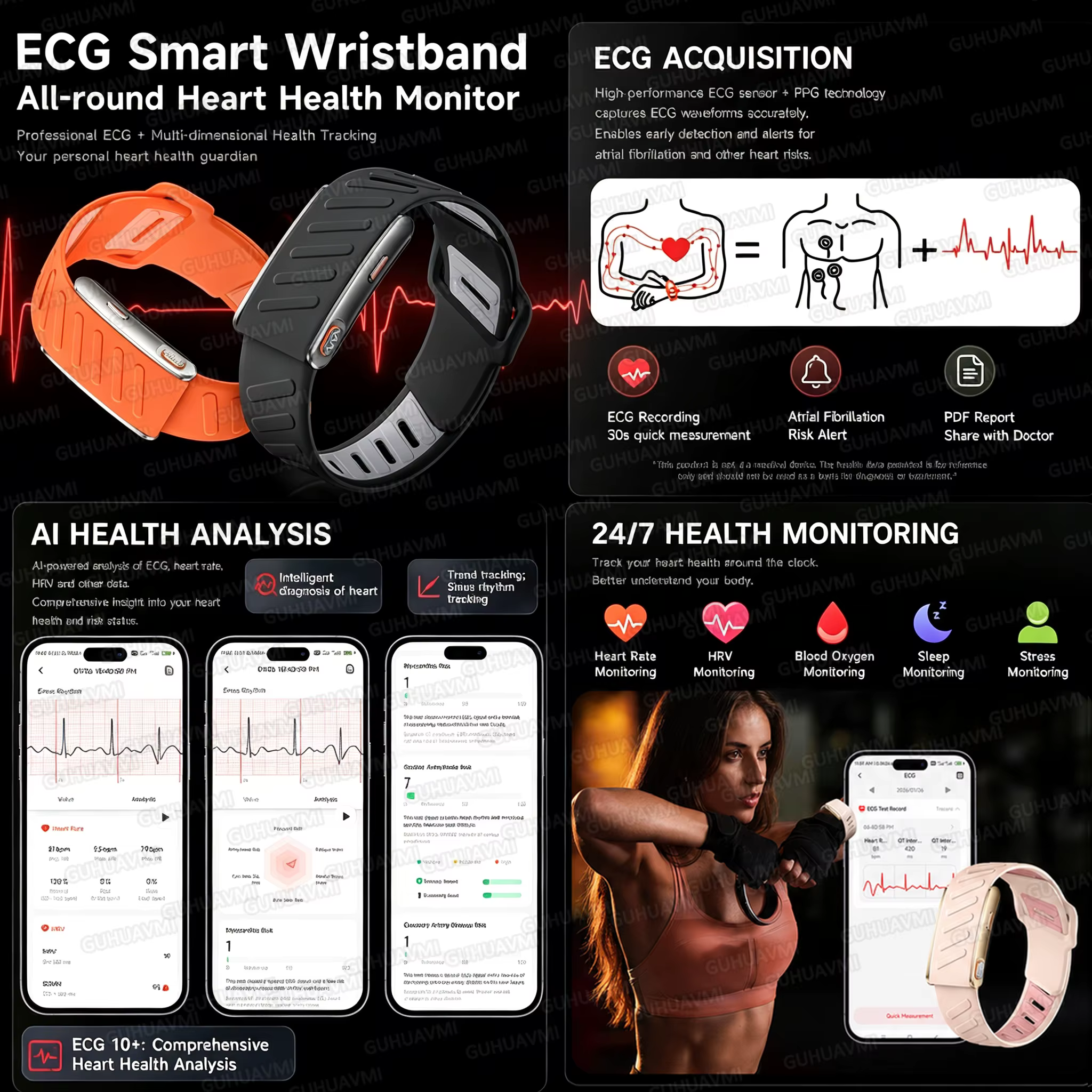 Bracelet connecté intelligent avec moniteur ECG
