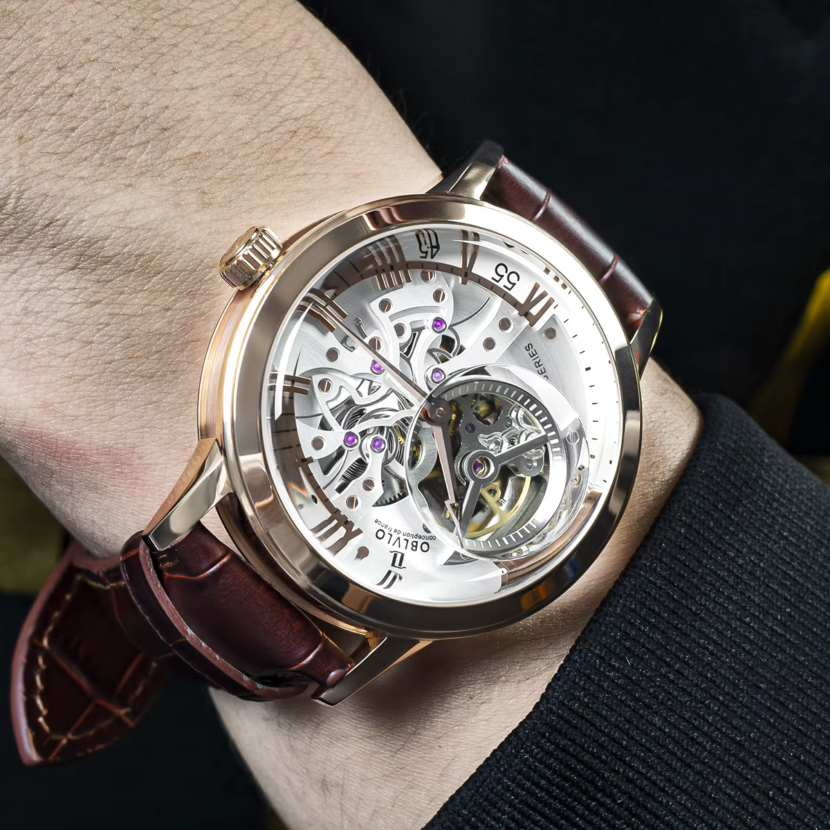 OBLVLO Luxe Rétro Casual Hommes Squelette Automatique Montres Mécanique Bracelet En Cuir De Veau Cristal Minéral Verre Étanche Cadran 45 VM