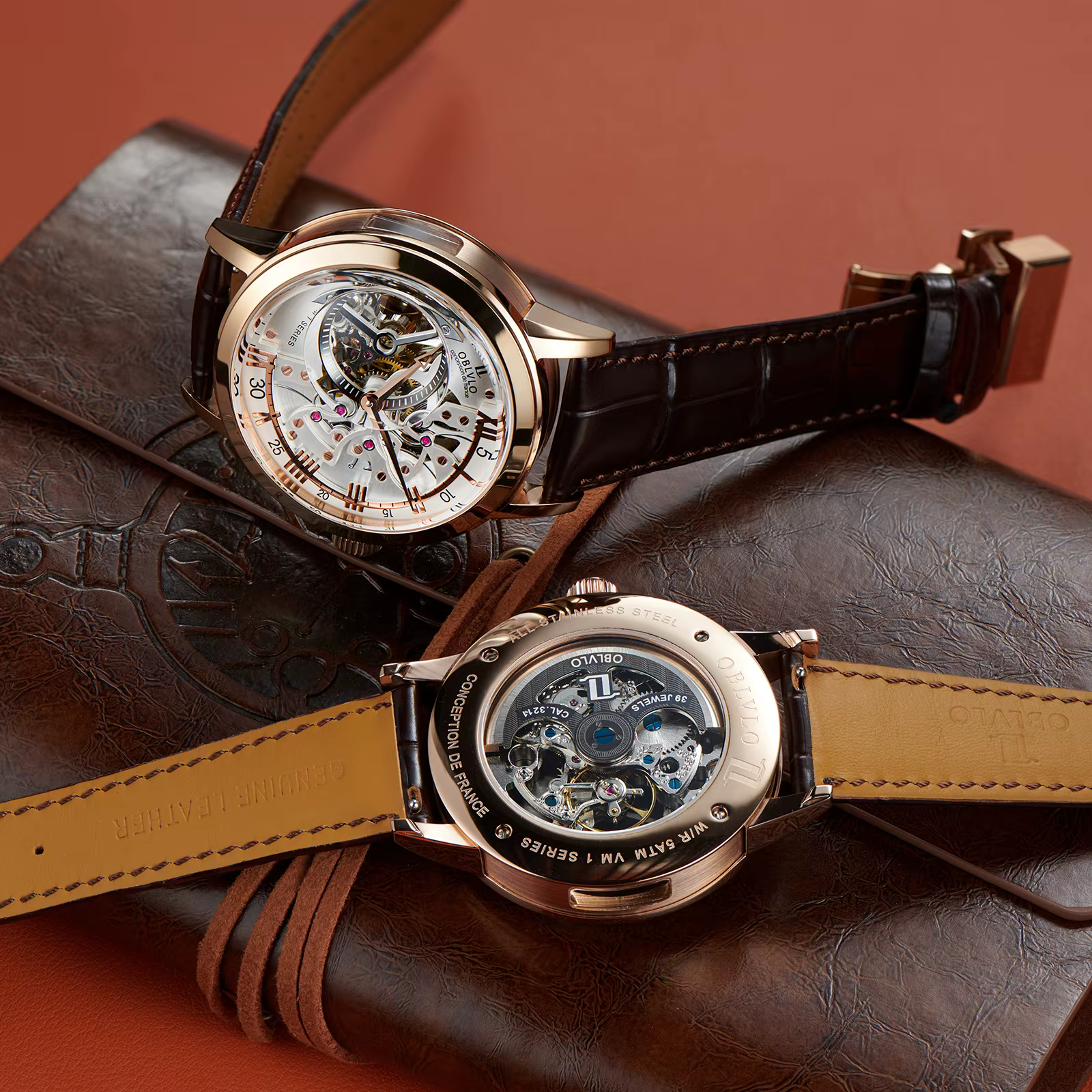 OBLVLO Luxe Rétro Casual Hommes Squelette Automatique Montres Mécanique Bracelet En Cuir De Veau Cristal Minéral Verre Étanche Cadran 45 VM