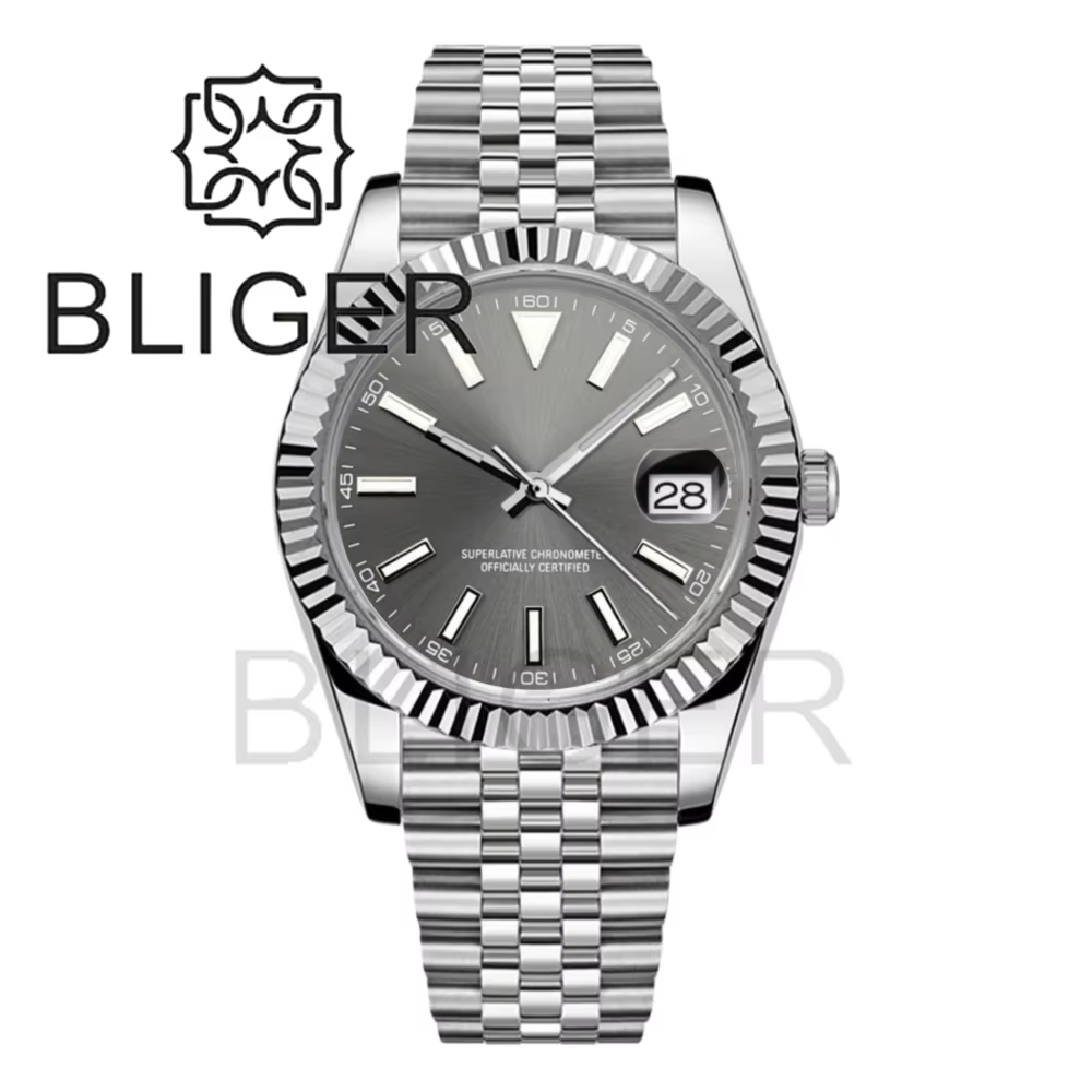 BLIGER 36mm/39mm montre DJ pour hommes lunette cannelée verre saphir étanche en acier inoxydable fermoir Glidelock cadran lumineux Sunburst