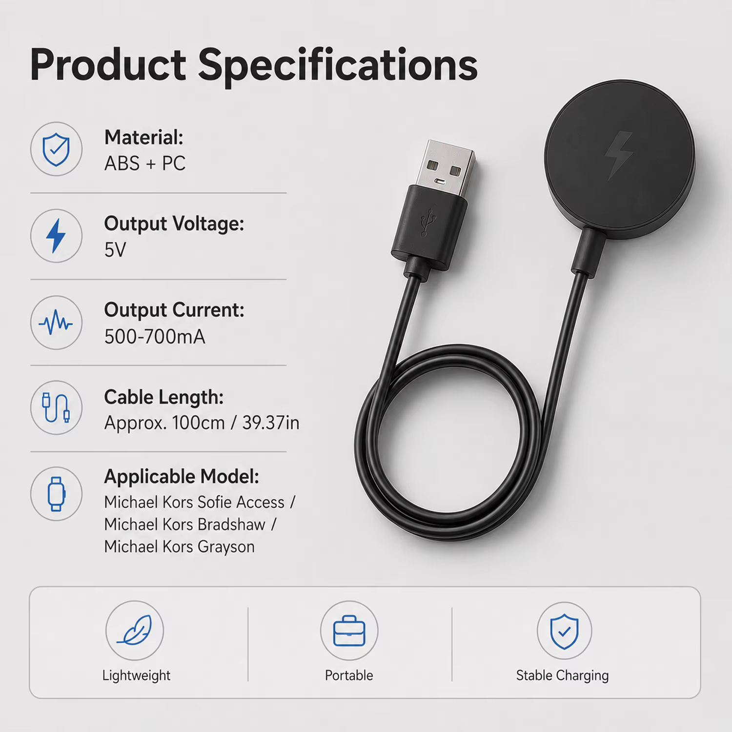 Câble de chargeur pour Michael Kors MKT5017 MKT5020 MKT5021 MKT5022 MKT5026 MKT5028 - Station de charge magnétique sans fil pour montre intelligente