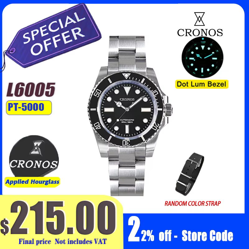 Cronos Sub Diving Montre mécanique automatique pour homme sans date PT5000 Bracelet brossé Lunette en céramique Étanche 200m Fermoir réglable L6005