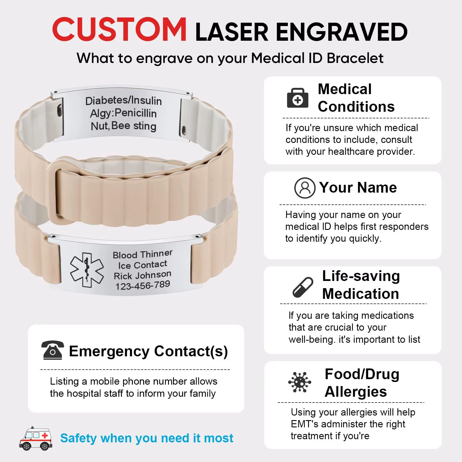 Bracelets d'identification d'alerte médicale personnalisés pour hommes et femmes