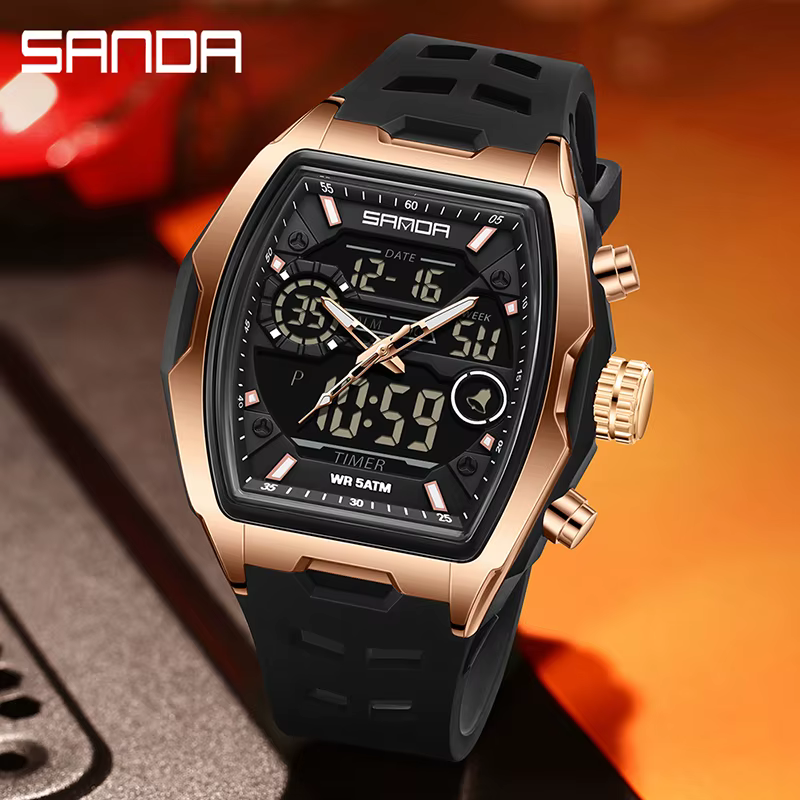 SANDA double affichage montre électronique baril grand cadran sport LED analogique numérique chronographe militaire montre-bracelet relogio masculino