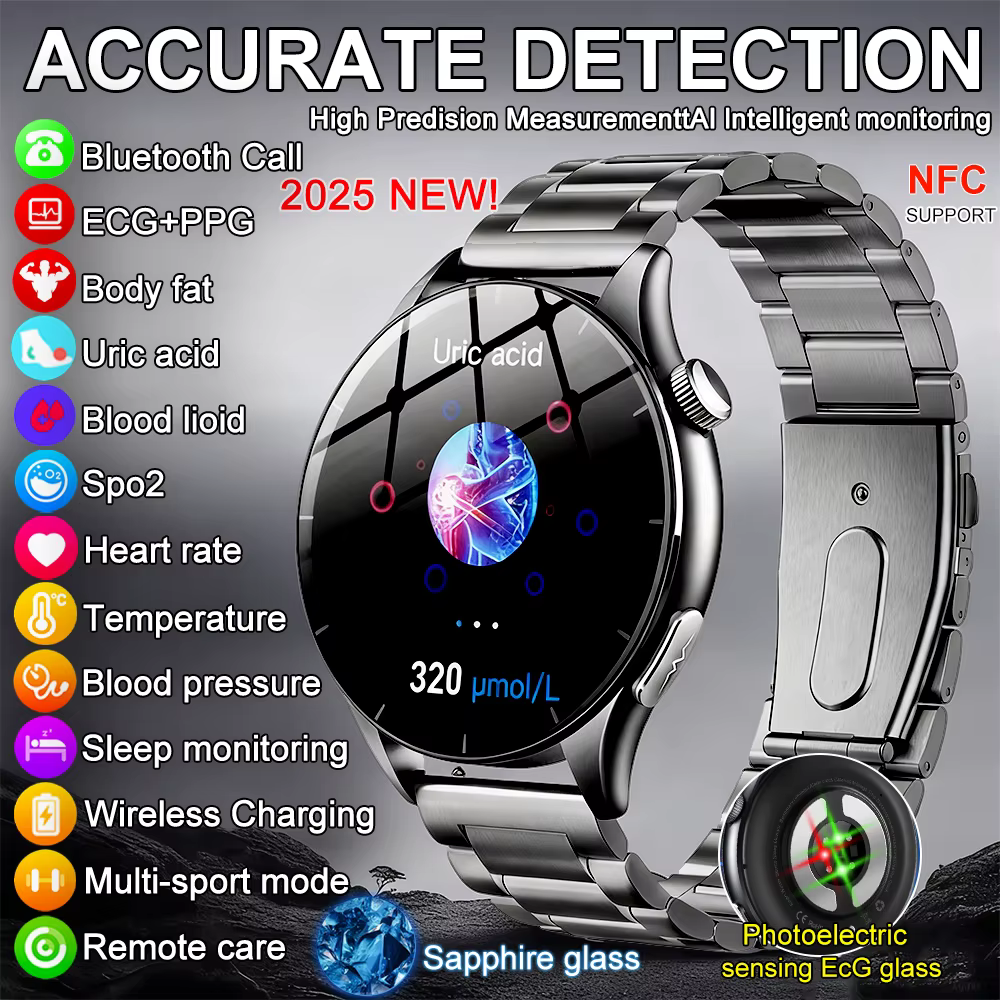 2025 nouvelle analyse de santé ECG + PPG montre intelligente graisse corporelle acide urique pression artérielle traqueur de fréquence cardiaque NFC Smartwatch pour Android IOS