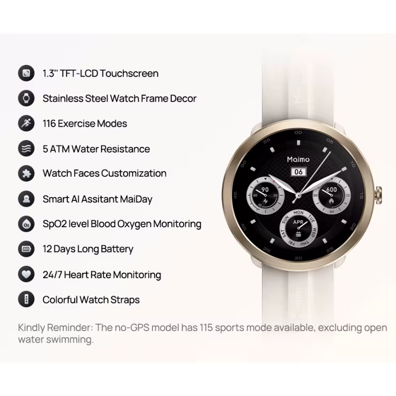 Montre Maimo 1, 3 pouces avec écran tactile TFT-LCD