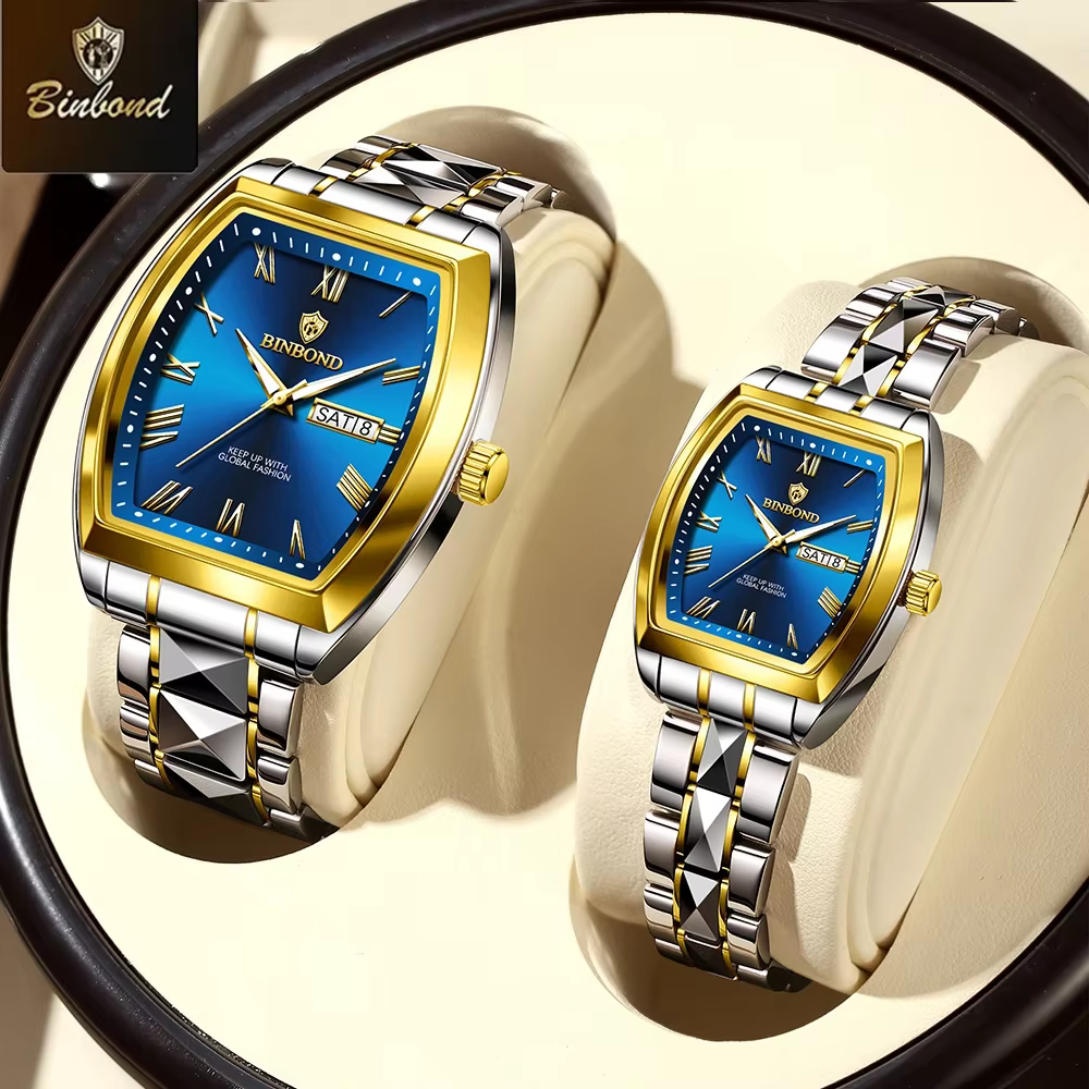 BINBOND 2 pièces Couple montres mode carré montre à Quartz pour amoureux étanche lumineux Date semaine hommes dames Valentine montre-bracelet