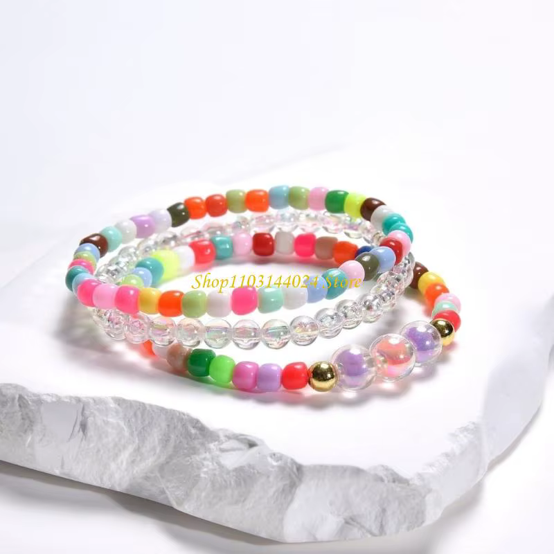 N5KE 8PCS Bracelets d'amitié empilables Bijoux poignet ajusté pour les filles Perles bohémiennes arc-en-ciel avec charme