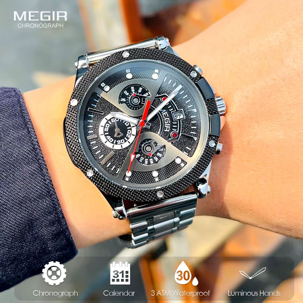 MEGIR – montre-bracelet à Quartz analogique en acier inoxydable pour hommes