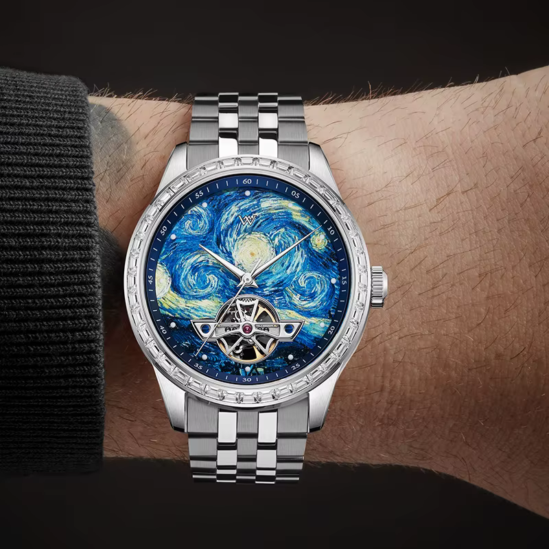 WM Watch Montre mécanique squelette étanche avec cristal saphir et boîtier en acier inoxydable