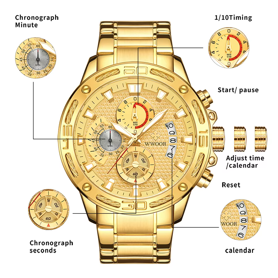 Wwoor-Montre à quartz en acier inoxydable doré pour homme