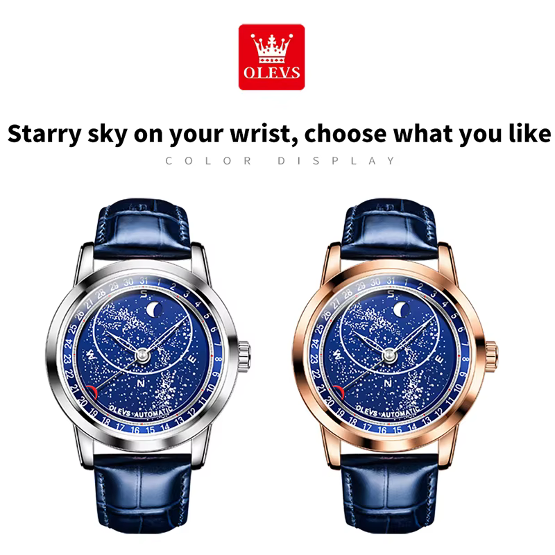 OLEVS 9923 montres pour hommes Phase de lune montre mécanique automatique pour homme en cuir bleu robe de luxe étanche montre-bracelet lumineuse