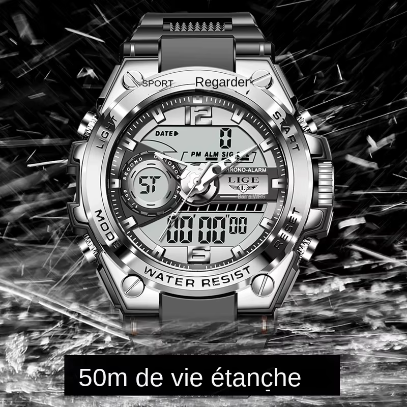 LIGE numérique hommes montre militaire 50m étanche montre-bracelet LED Quartz horloge Sport