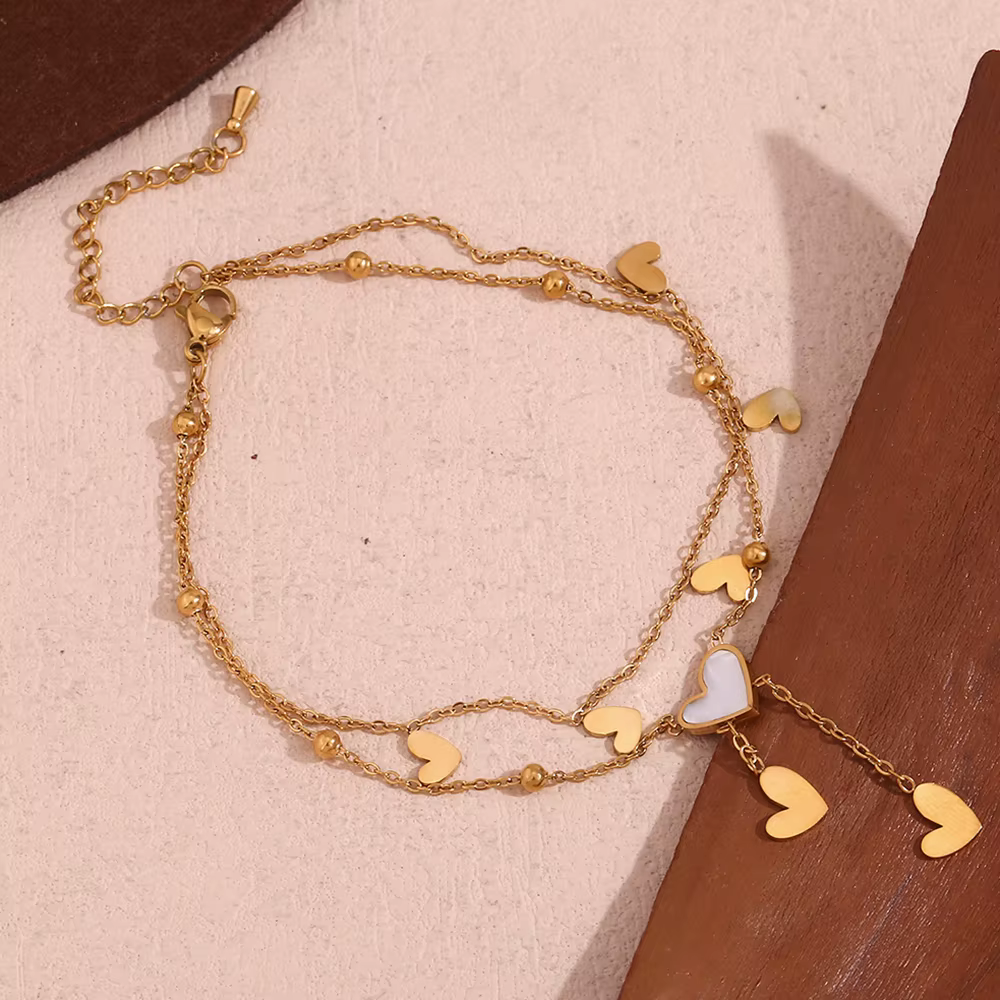 E.B.belle-Bracelet de cheville double couche en forme de cœur pour femme, bracelet de cheville pompon blanc et beige, plaqué or 18 carats, acier inoxydable SION L