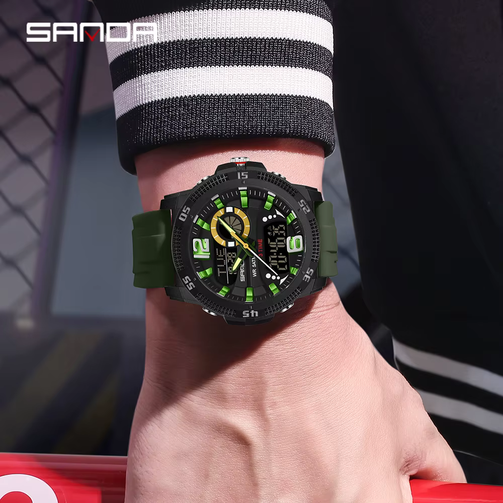 SANDA mode luxe hommes montres double affichage numérique Sport analogique Quartz homme montre-bracelet décontracté étanche silice chronographe
