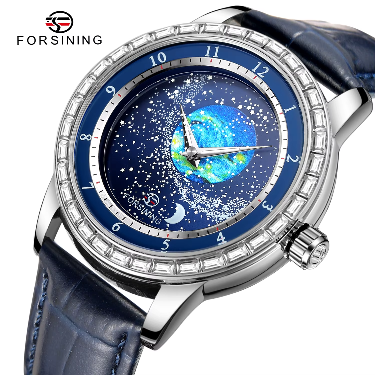 Montre automatique mécanique FORSINING 2026 pour homme, étanche, avec design Terre-Lune et diamants, bracelet authentique, idéale pour les affaires
