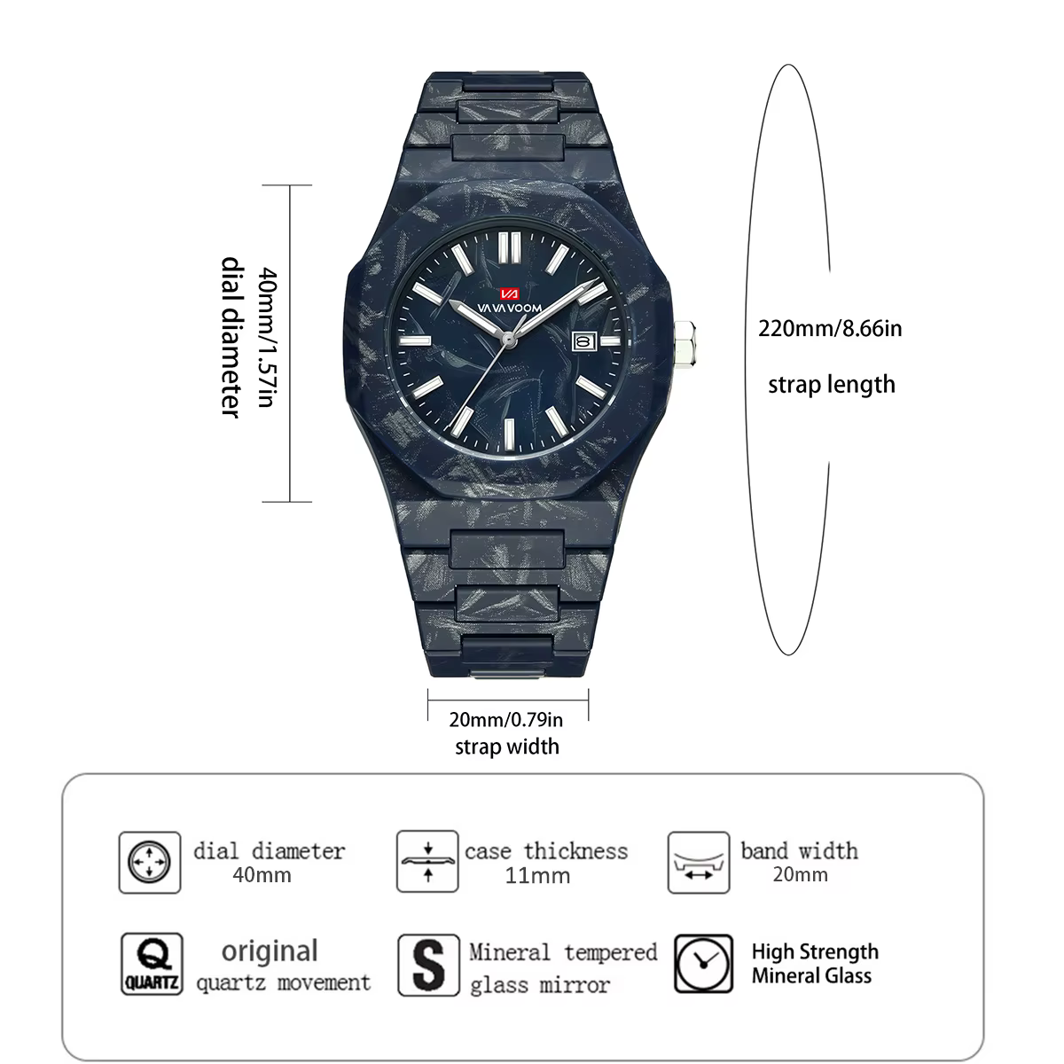 VA VA VOOM hommes montres mouvement à Quartz 40mm Style d'affaires noir marbre calendrier horloge 3Bar étanche