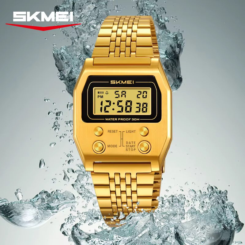 SKMEI 2460 montre numérique étanche pour hommes en acier inoxydable Sport luxe rétro LED électronique