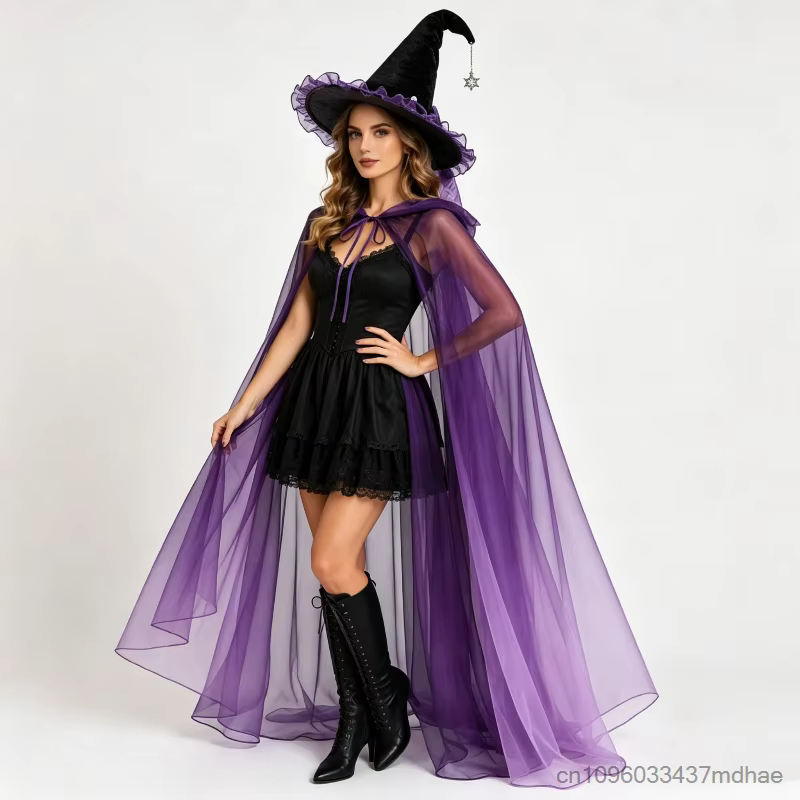 Chapeau de sorcière pour femme pour Halloween avec bordure en dentelle violette, nœud, chaîne étoile, cape noire en maille à capuche pour fête masquée, ensemble d'accessoires