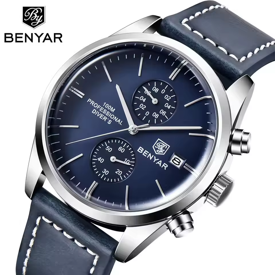 BENYAR 5187 classique Simple montre à Quartz pour hommes marque de luxe 100M étanche calendrier militaire sport chronographe bracelet en cuir
