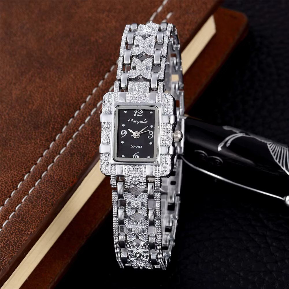 Femmes montre Rectangle cadran argent acier inoxydable cristal montres mode Quartz