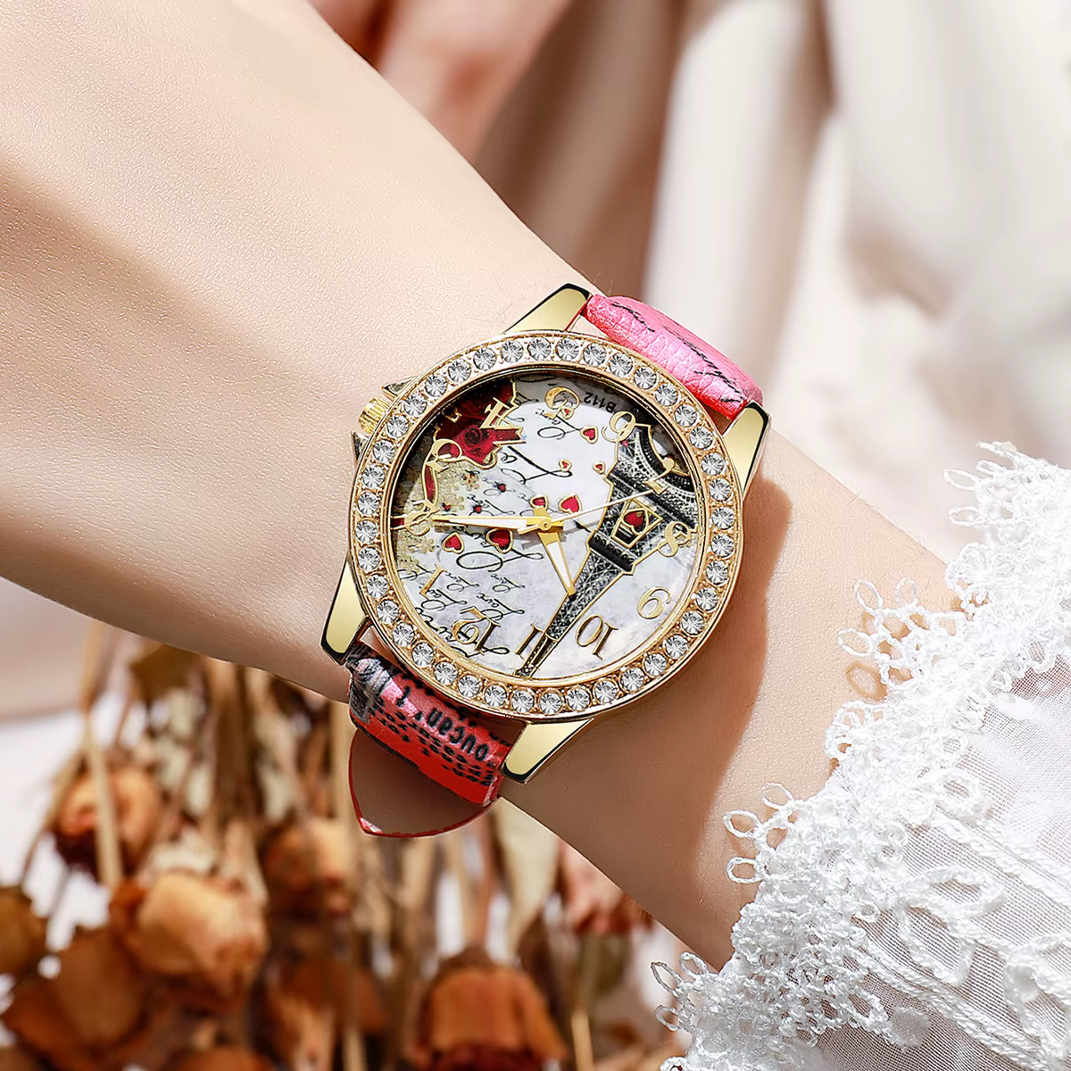 Mode fleurs femmes montres dames bracelet en cuir analogique montre à Quartz Reloj Mujer filles horloge cadeau