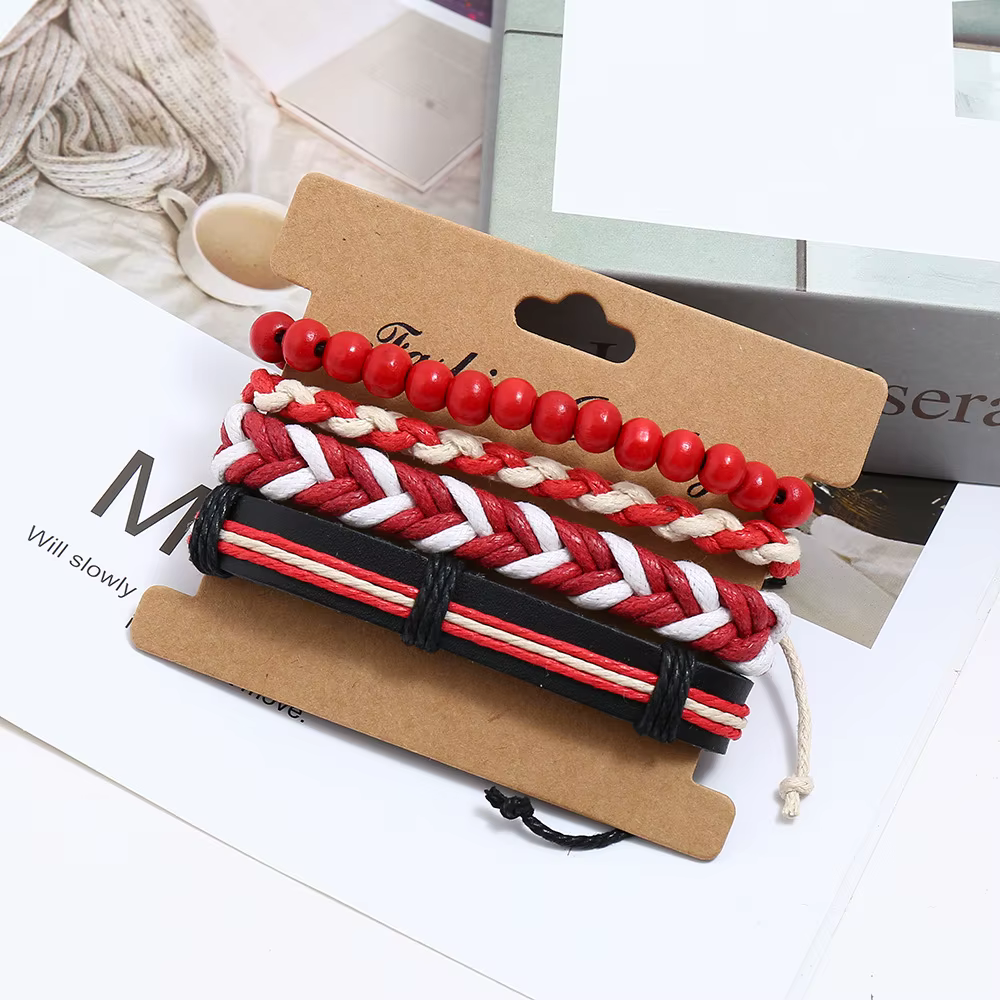 Bracelet classique en cuir tressé rouge pour homme