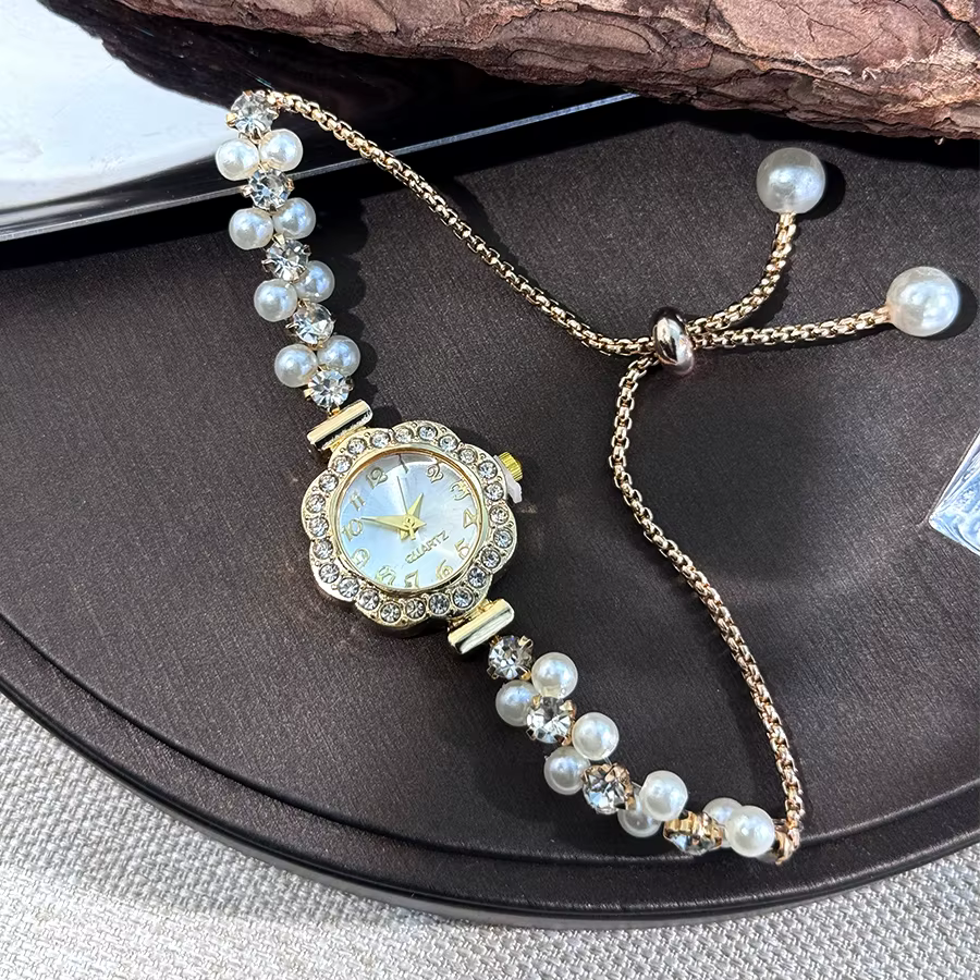 Montre à Quartz pour femmes, Bracelet ouvert en perles à Double rangée, boîtier incrusté de diamants, échelle de chiffres arabes