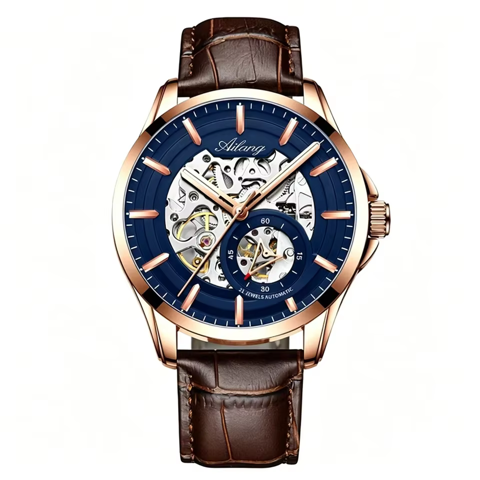 Montre Homme Automatique Mécanique AILANG Haut de Gamme en Acier Inoxydable Lumineuse Luxe Affaires Squelette Transparent