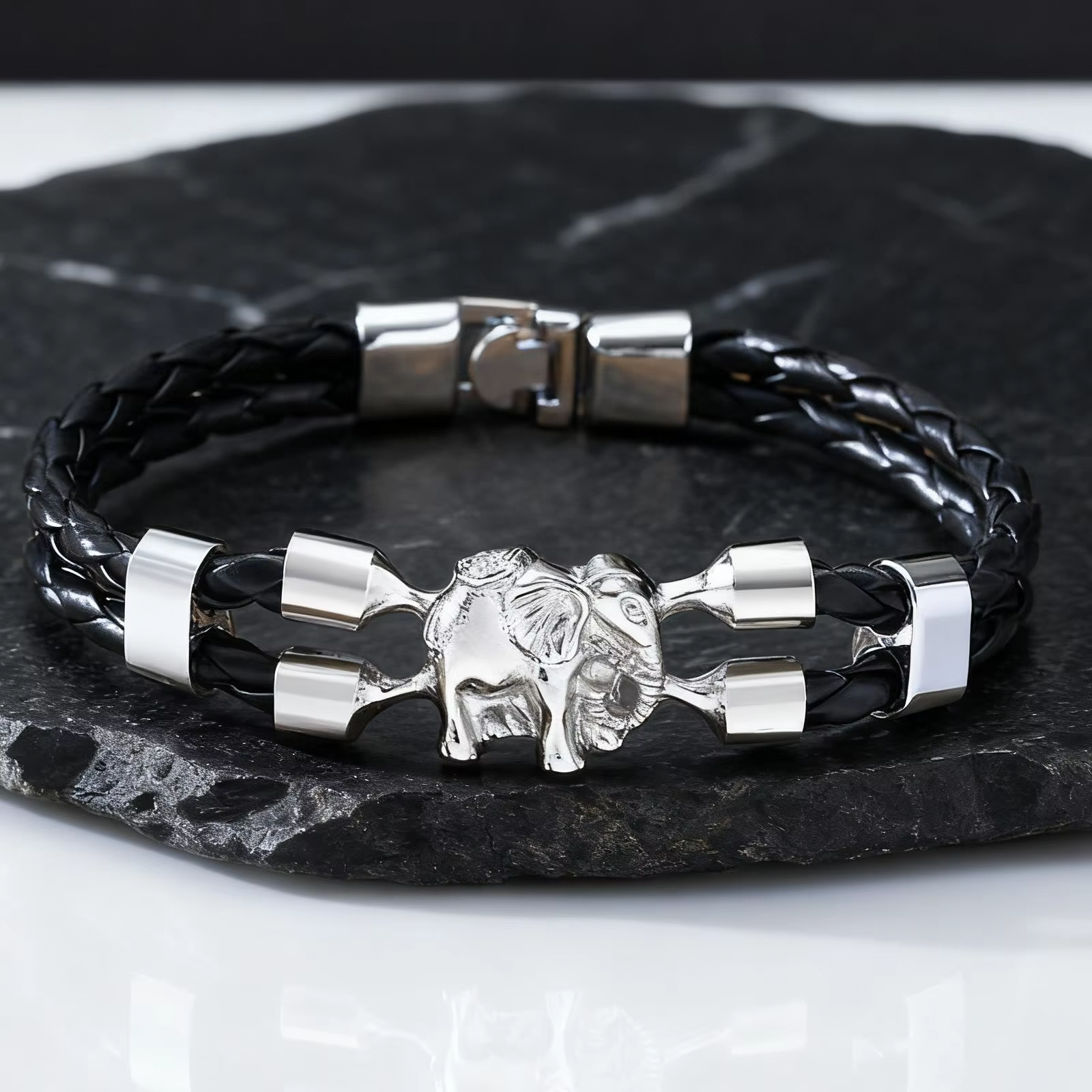 Bracelet en cuir noir d'éléphant Vintage pour hommes