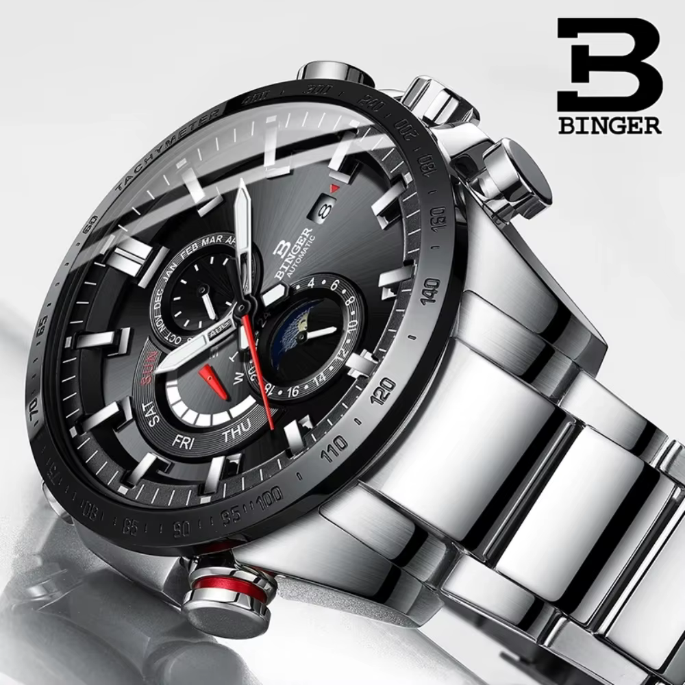 Véritable marque de luxe BINGER hommes montres automatique mécanique lumineux entièrement en acier étanche calendrier de course mâle Phase de lune